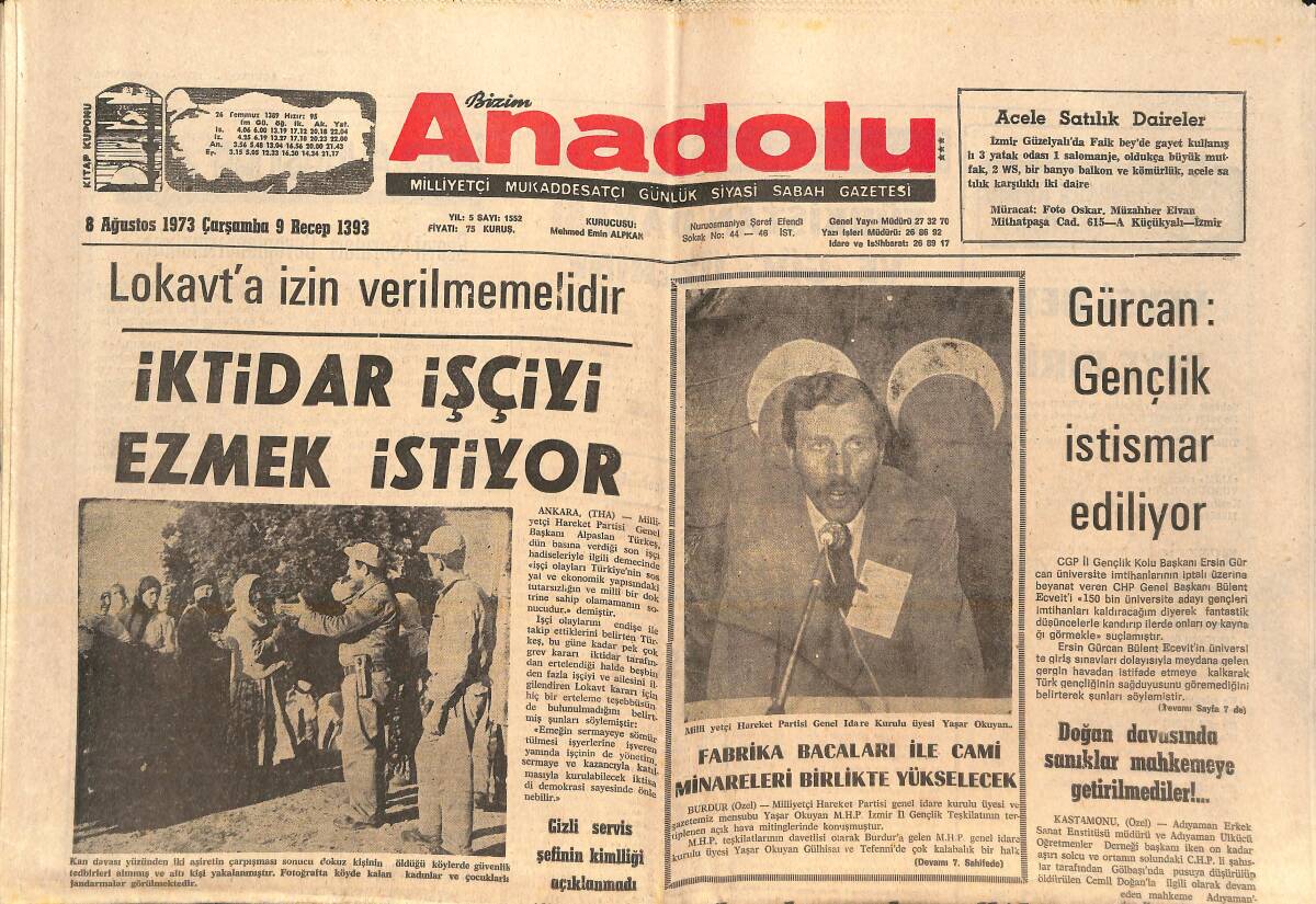 Bizim Anadolu Gazetesi 8 Ağustos 1973 - Diyarbakır'da Kaliteli Petrol Yatağı Bulundu - Nedim'in Jubilesi Bu Akşam GZ138988 - 1