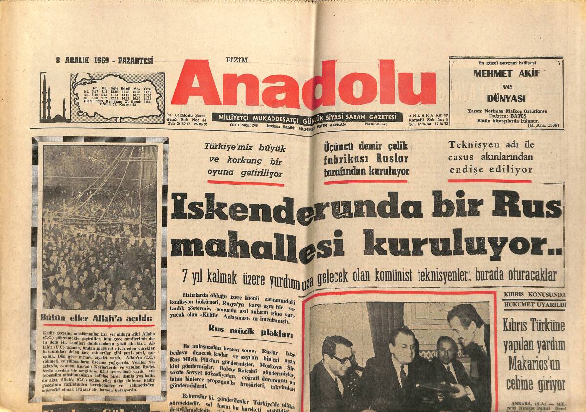 Bizim Anadolu Gazetesi 8 Aralık 1969 - İskenderun'da Bir Rus Mahallesi Kuruluyor - Galatasaray, Fenerbahçe'yi Uykuda Yakaladı GZ140708 - 1