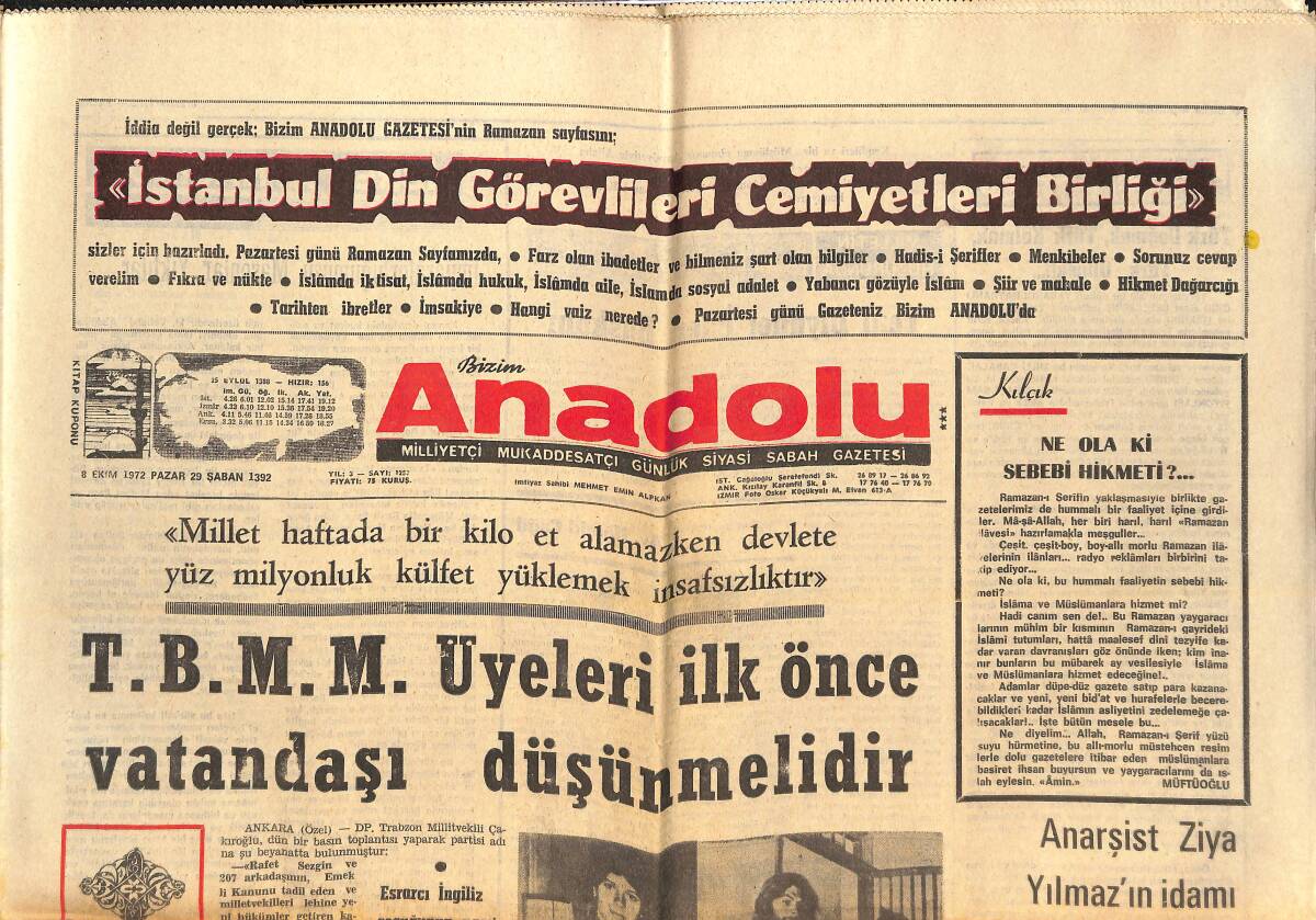 Bizim Anadolu Gazetesi 8 Ekim 1972 - 10 Bin Komünistin Atıldığı Adaya Aileleri De Gönderildi - Futbolu Bırakmayan Ünlü Pele Mukavele Yaptı GZ138961 - 1