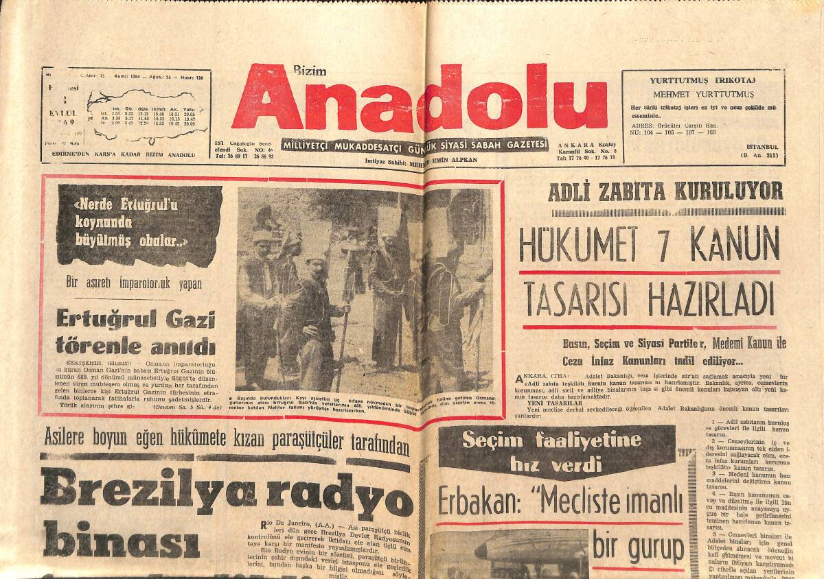 Bizim Anadolu Gazetesi 8 Eylül 1969 - Libya İhtilal İdaresini Hala Resmen Tanımadık - Ertuğrul Gazi Törenle Anıldı GZ141081 - 1