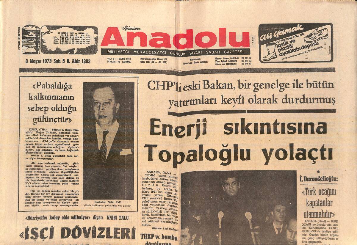 Bizim Anadolu Gazetesi 8 Mayıs 1973 - Enerji Sıkıntısına Topaloğlu Yol Açtı - Tirebolu'da Turfanda Sebzecilik Yayılıyor GZ138991 - 1