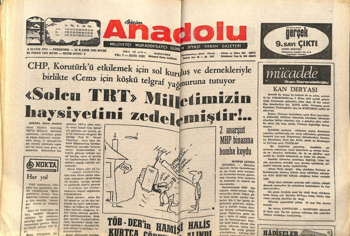 Bizim Anadolu Gazetesi 8 Mayıs 1975 - Solcu TRT, Milletimizin Haysiyetini Zedelemiştir - Almanya'nın Yüzde 27'si Yeni Bir Hitler Arzuluyor GZ140487 - 1