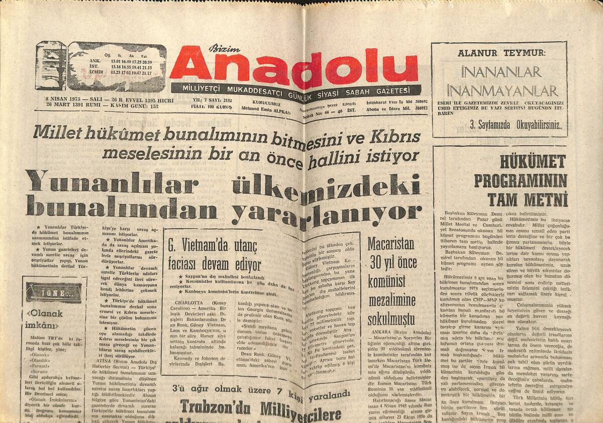 Bizim Anadolu Gazetesi 8 Nisan 1975 - Yunanlılar Ülkemizdeki Bunalımdan Yararlanıyor - G. Vietnam'da Utanç Faciası Devam Ediyor! GZ140640 - 1