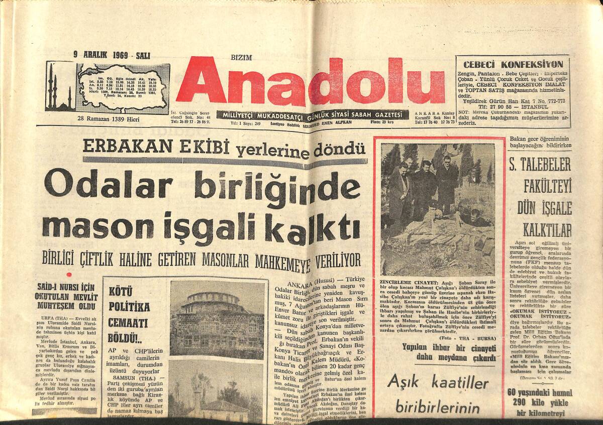 Bizim Anadolu Gazetesi 9 Aralık 1969 - Odalar Birliğinde Mason İşgali Kalktı - Makarios, Yunanistan'ı Kıbrıs İşine Sokmak İçin Uğraşıyor GZ140709 - 1