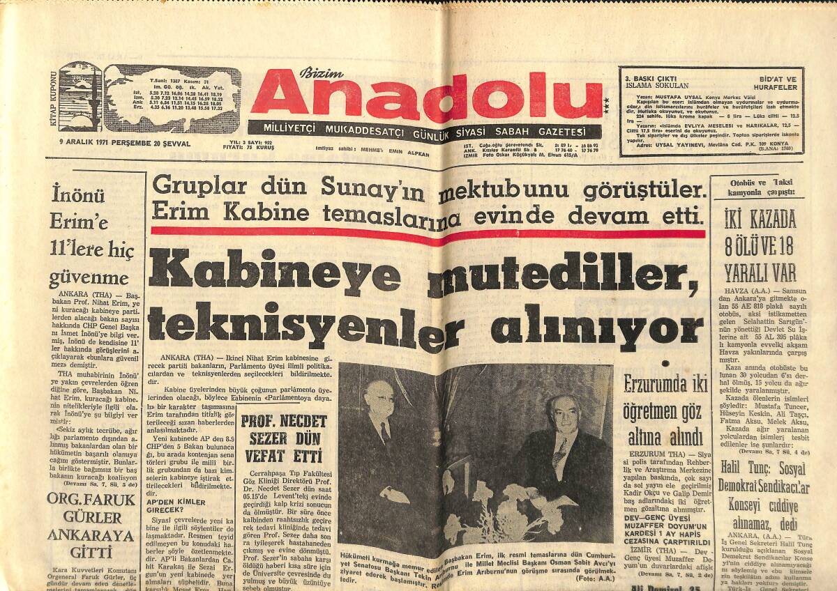 Bizim Anadolu Gazetesi 9 Aralık 1971 - BM, Ateş-Kes Çağrısı Yaptı - İstanbul Ve İzmir Belediye Başkanları Asfaltlama Yarışında! GZ140628 - 1