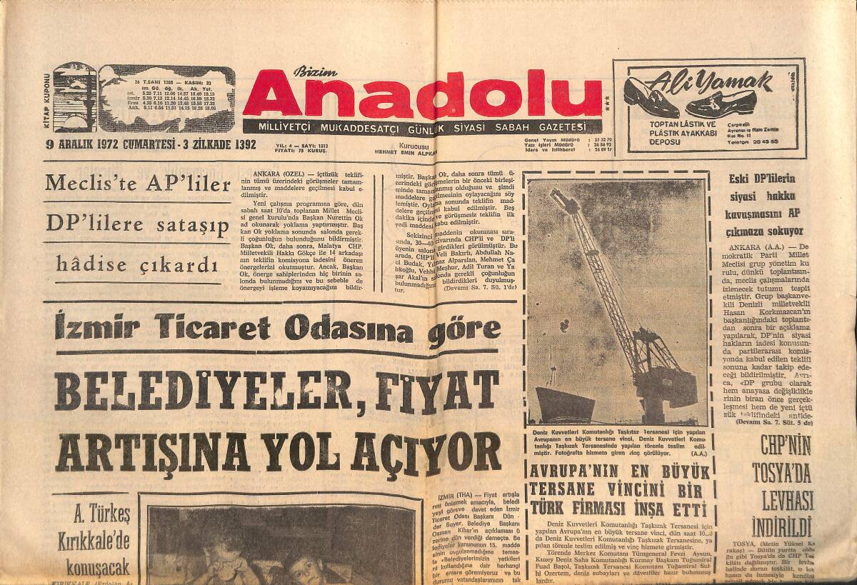 Bizim Anadolu Gazetesi 9 Aralık 1972 - Türk İş 3.Bölge Temsilciliği Hükümeti İstifaya Davet Etti - CHP'nin Tosya'da Levhası İndirildi GZ140829 - 1