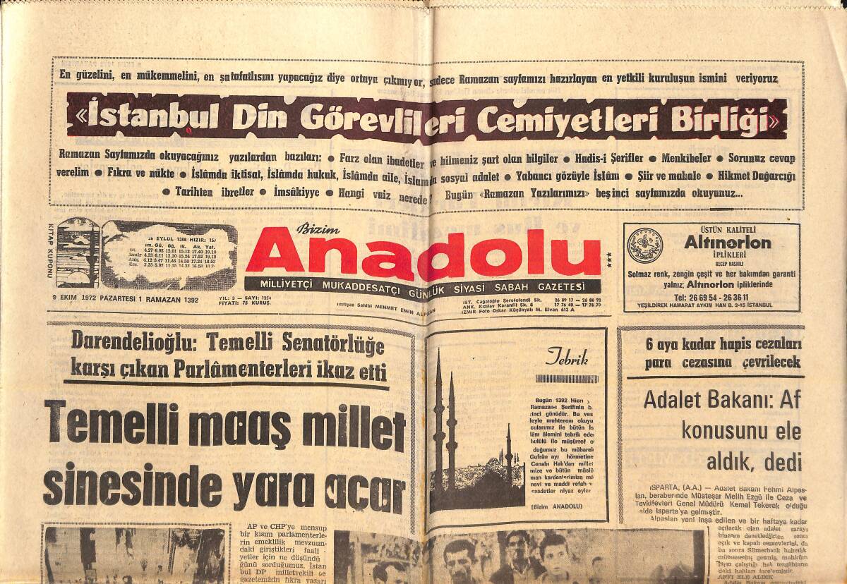 Bizim Anadolu Gazetesi 9 Ekim 1972 - Gümüşhane Belediyesi İli Güzelleştirme Faaliyetine Girişti - Fenerbahçe'nin Liderliği Bir Hafta Sürdü GZ138962 - 1