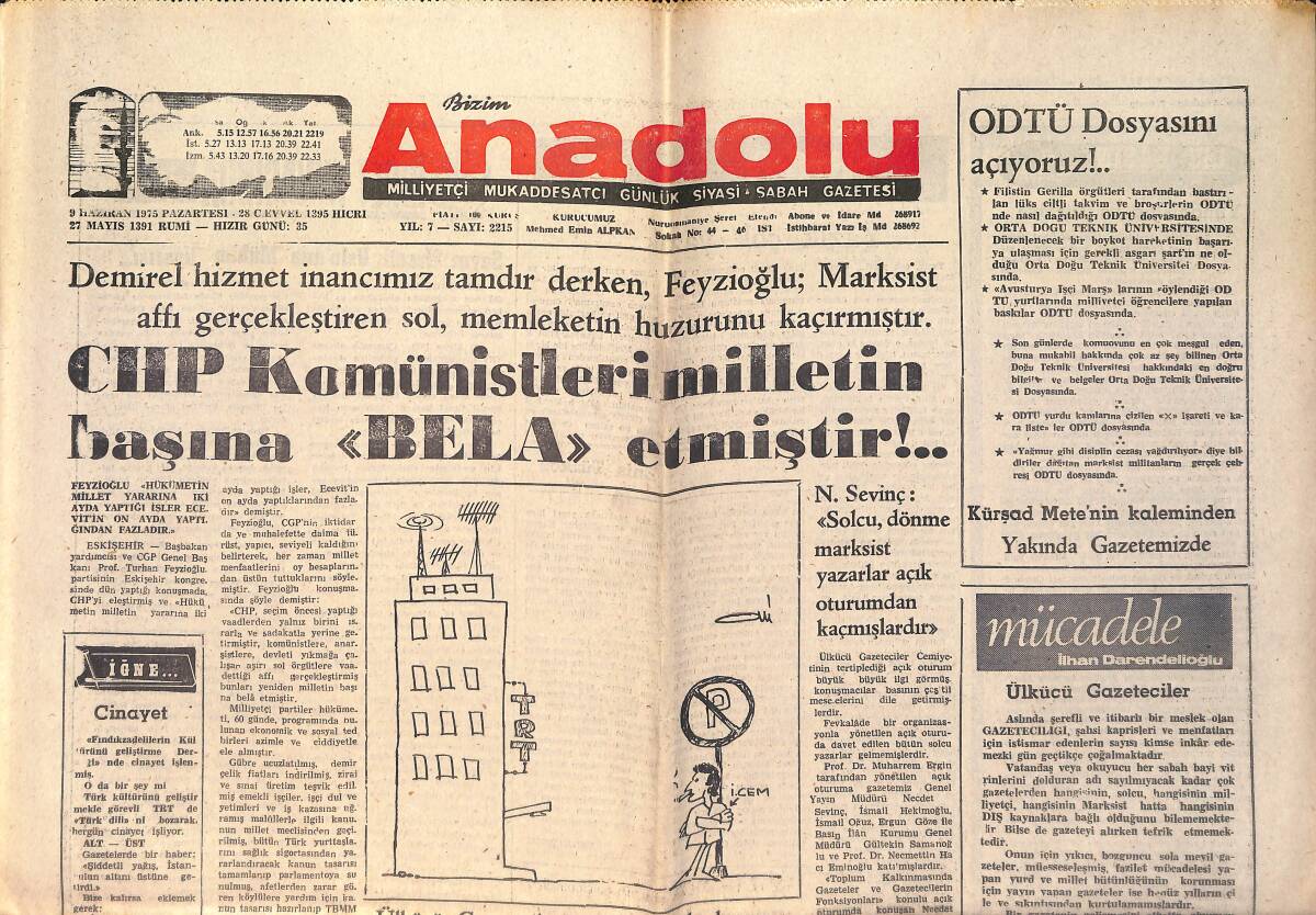 Bizim Anadolu Gazetesi 9 Haziran 1975 - Kıbrıs'ta Referandum Yapıldı GZ158727 - 1