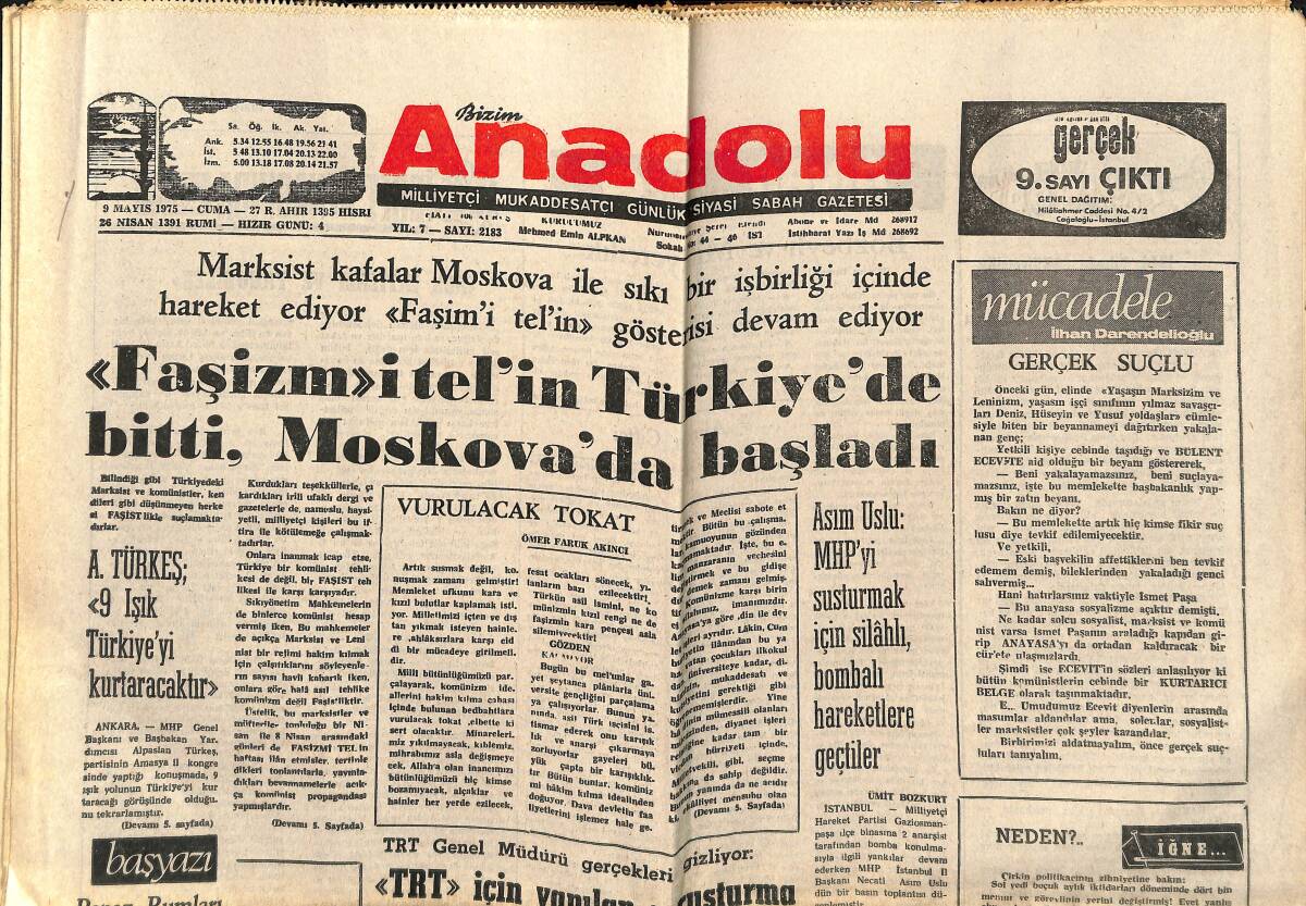 Bizim Anadolu Gazetesi 9 Mayıs 1975 - TRT Genel Müdürü Gerçekleri Gizliyor - Papaz Rumları Perişanlığa Sürüklüyor GZ140488 - 1