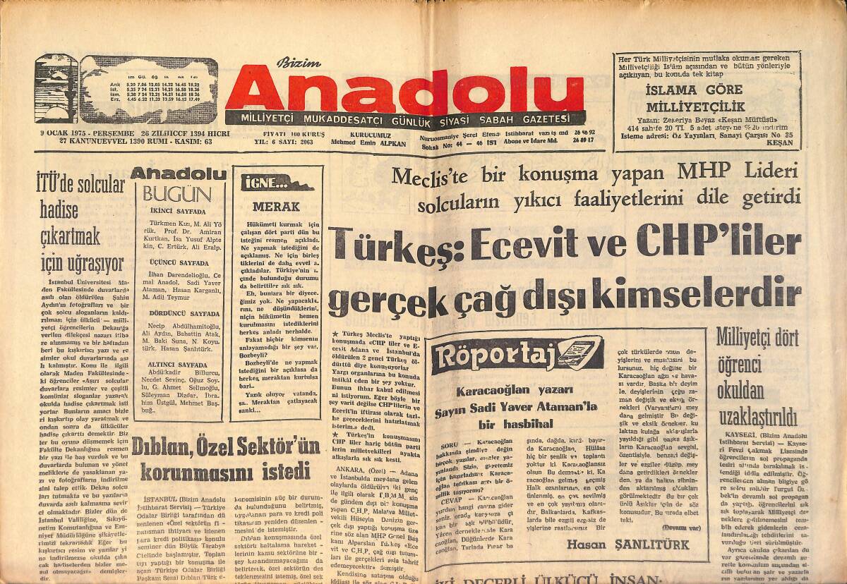 Bizim Anadolu Gazetesi 9 Ocak 1975 - Türkeş : Ecevit Ve CHP'liler Gerçek Çağ Dışı Kimselerdir GZ158724 - 1