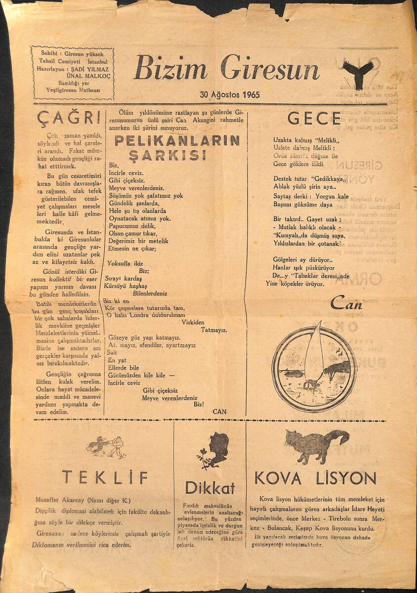 Bizim Giresun Gazetesi 30 Ağustos 1965 - Pelikanların Şarkısı - Millet Vekili Olsalardı GZ136708 - 1