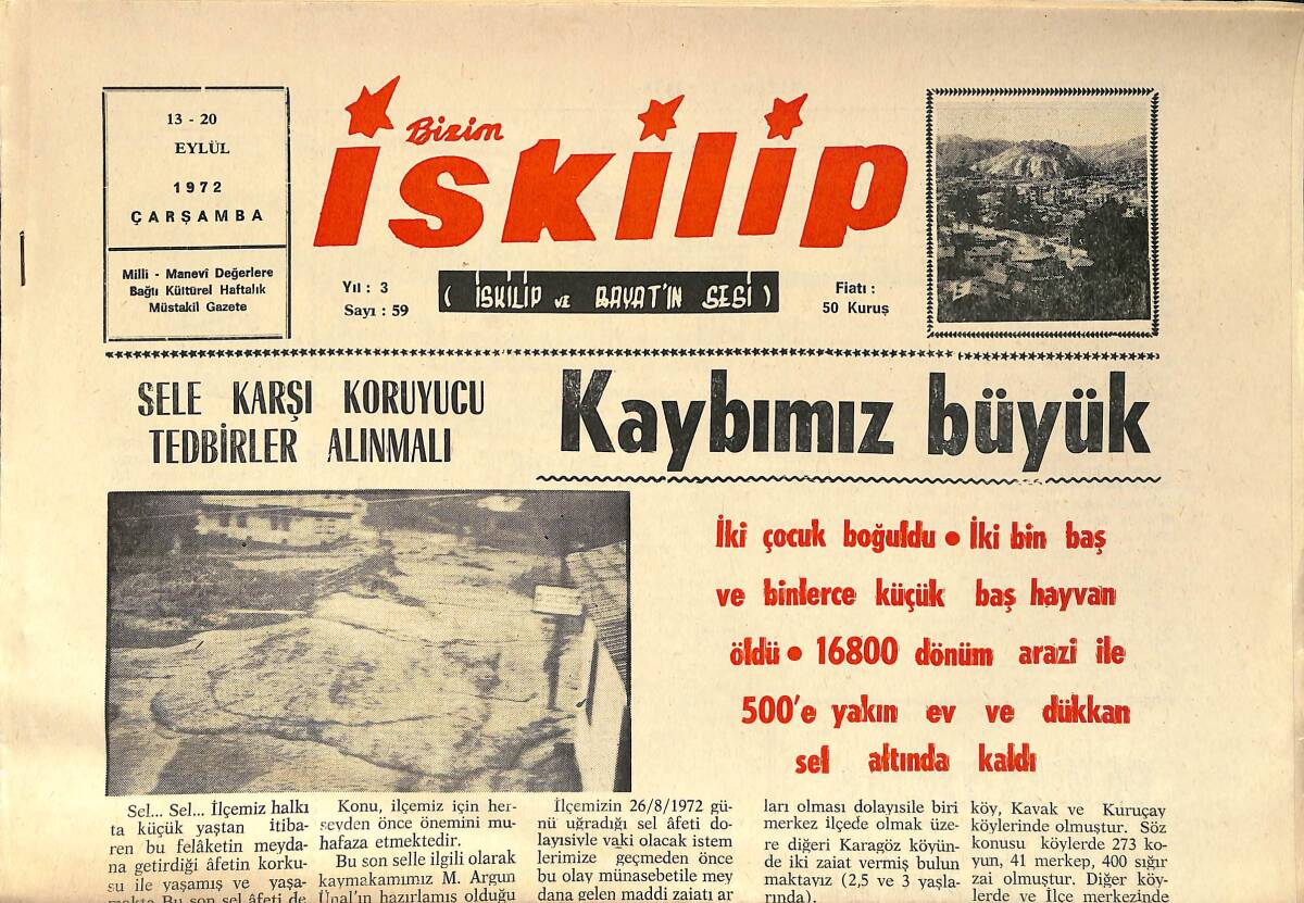 Bizim İskilip Gazetesi 13 - 20 Eylül 1972 - Kaybımız Büyük 