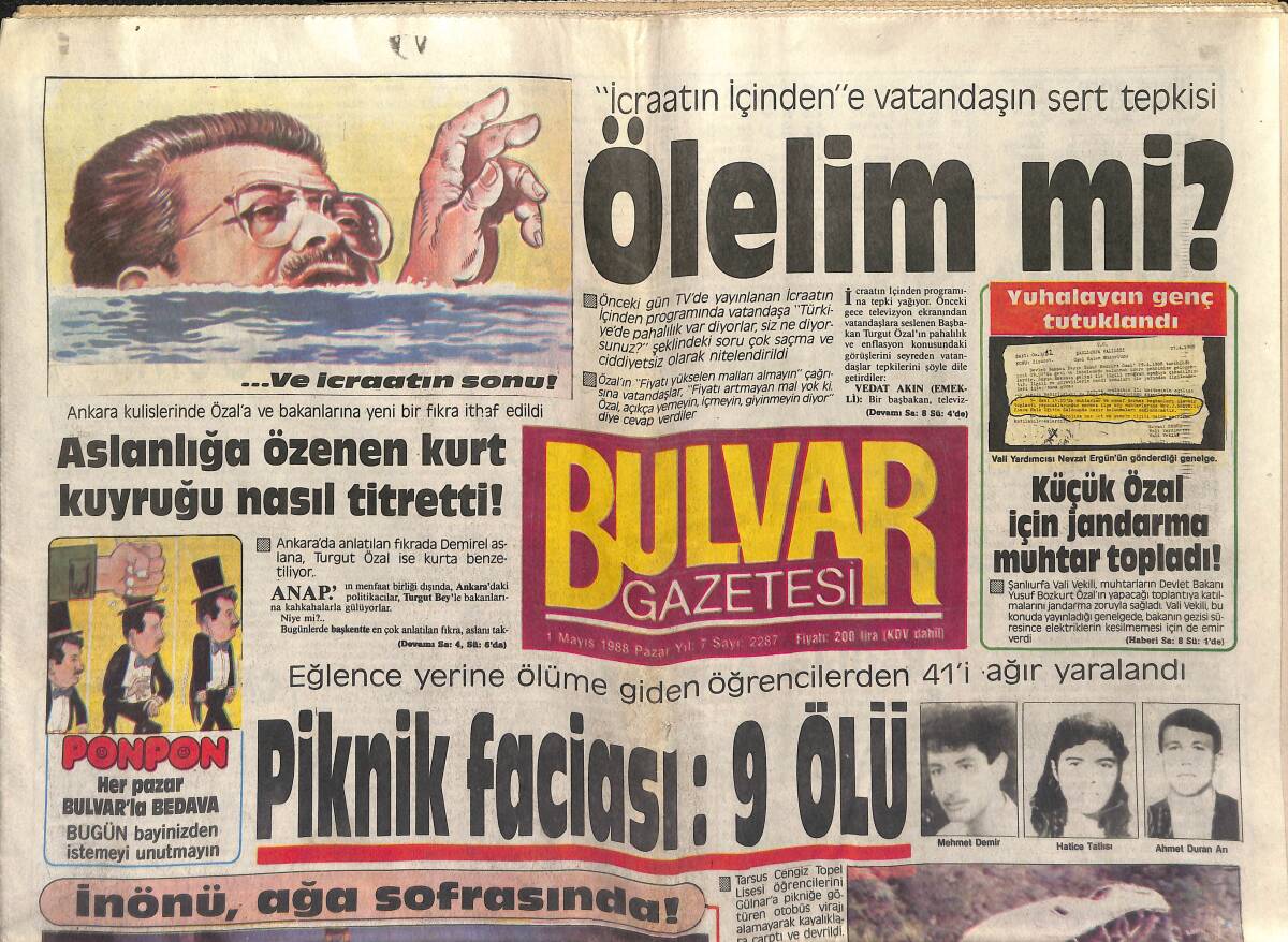 Bulvar Gazetesi 1 Mayıs 1987 - İnönü Ağa Sofrasında - Yeşilçam Stop Dedi - Türkan Sultan'ın Fiyatı Pahalı GZ153278 - 1