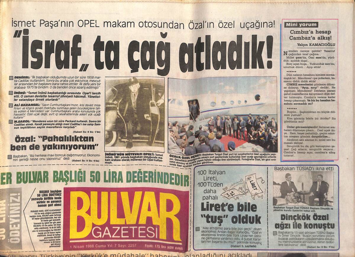 Bulvar Gazetesi 1 Nisan 1988 - Talya Oteli'nin Ek İnşaatı Durduruldu - Dinçkök Özal Ağzı İle Konuştu GZ159242 - 1