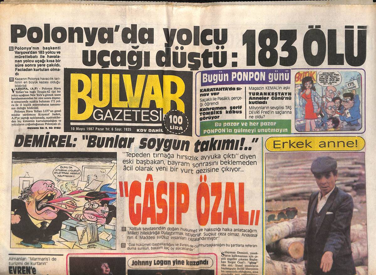 Bulvar Gazetesi 10 Mayıs 1987 - Polonya'da Yolcu Uçağı Düştü : 183 Ölü GZ159259 - 1