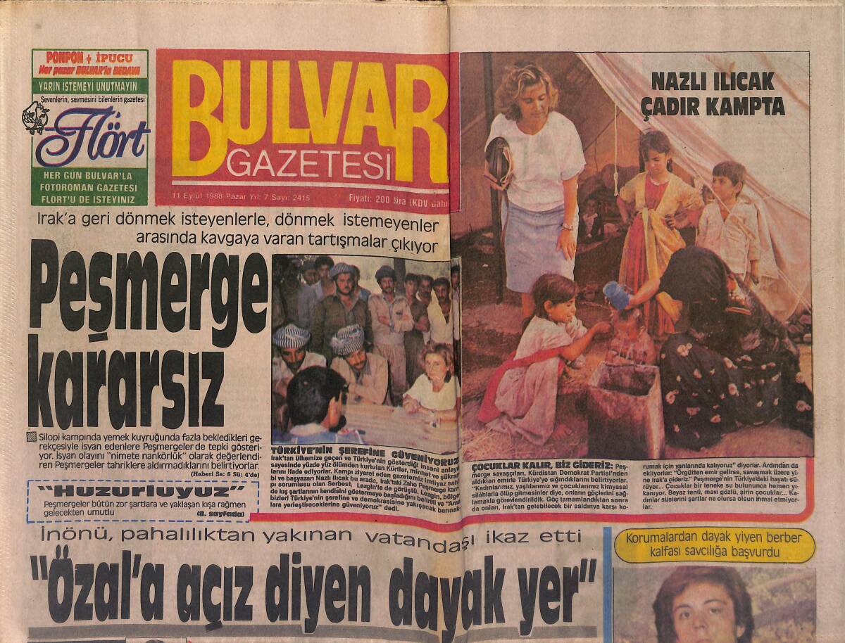 Bulvar Gazetesi 11 Eylül 1988 - Yılmaz Güney'i Rakı İçip Andılar - Nazlı Ilıcak Çadır Kampta GZ153177 - 1