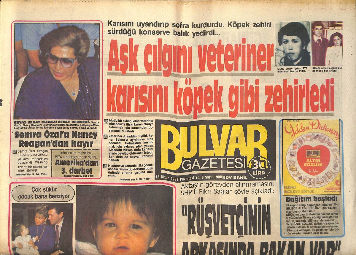 Bulvar Gazetesi 13 Nisan 1987 - Avusturya Tır Dolusu Silâha El Koydu - Erol Aksoy ''Yeni Doğan Bebeğe Bile Çirkef Atılıyor'' GZ159265 - 1