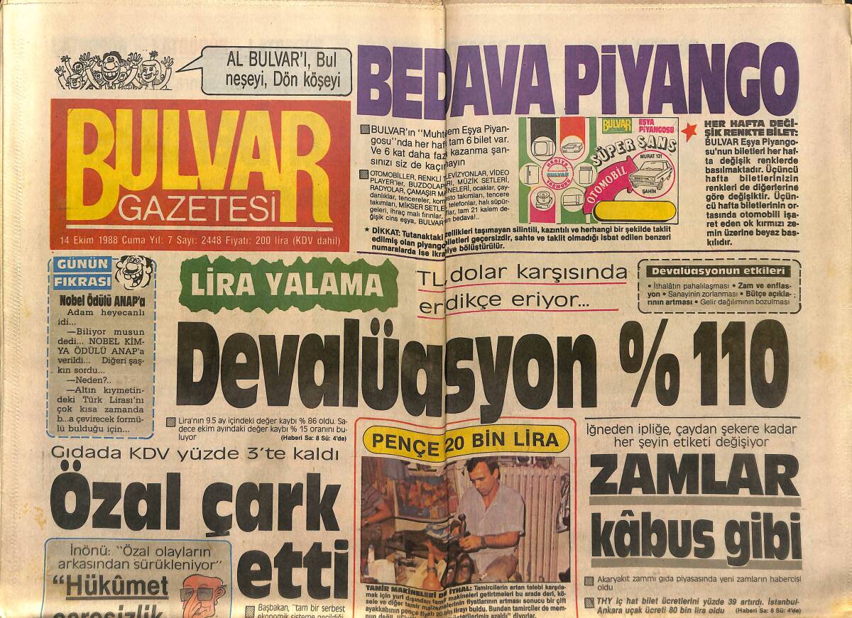 Bulvar Gazetesi 14 Ekim 1988 - Bursa'da Genelev Tartışması - Özal Çark Etti GZ153200 - 1