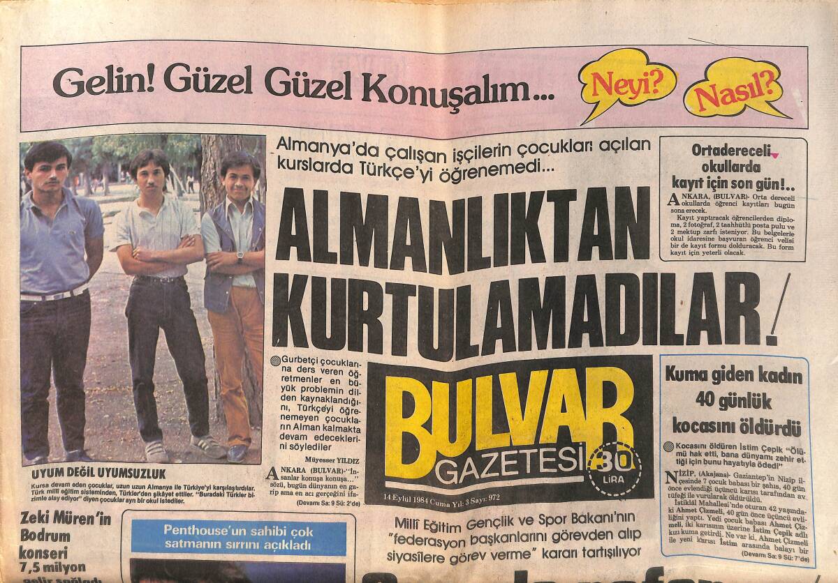 Bulvar Gazetesi 14 Eylül 1984 - Zeki Müren'in Bodrum Konseri 7,5 Milyon Gelir Sağladı - Bülent Ersoy Toto'dan 17 Milyon Kazandı GZ159369 - 1