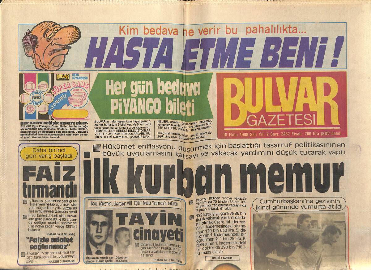 Bulvar Gazetesi 18 Ekim 1988 - Yugoslavya Kabuk Değiştiriyor - Evren'e Saldırı GZ153186 - 1