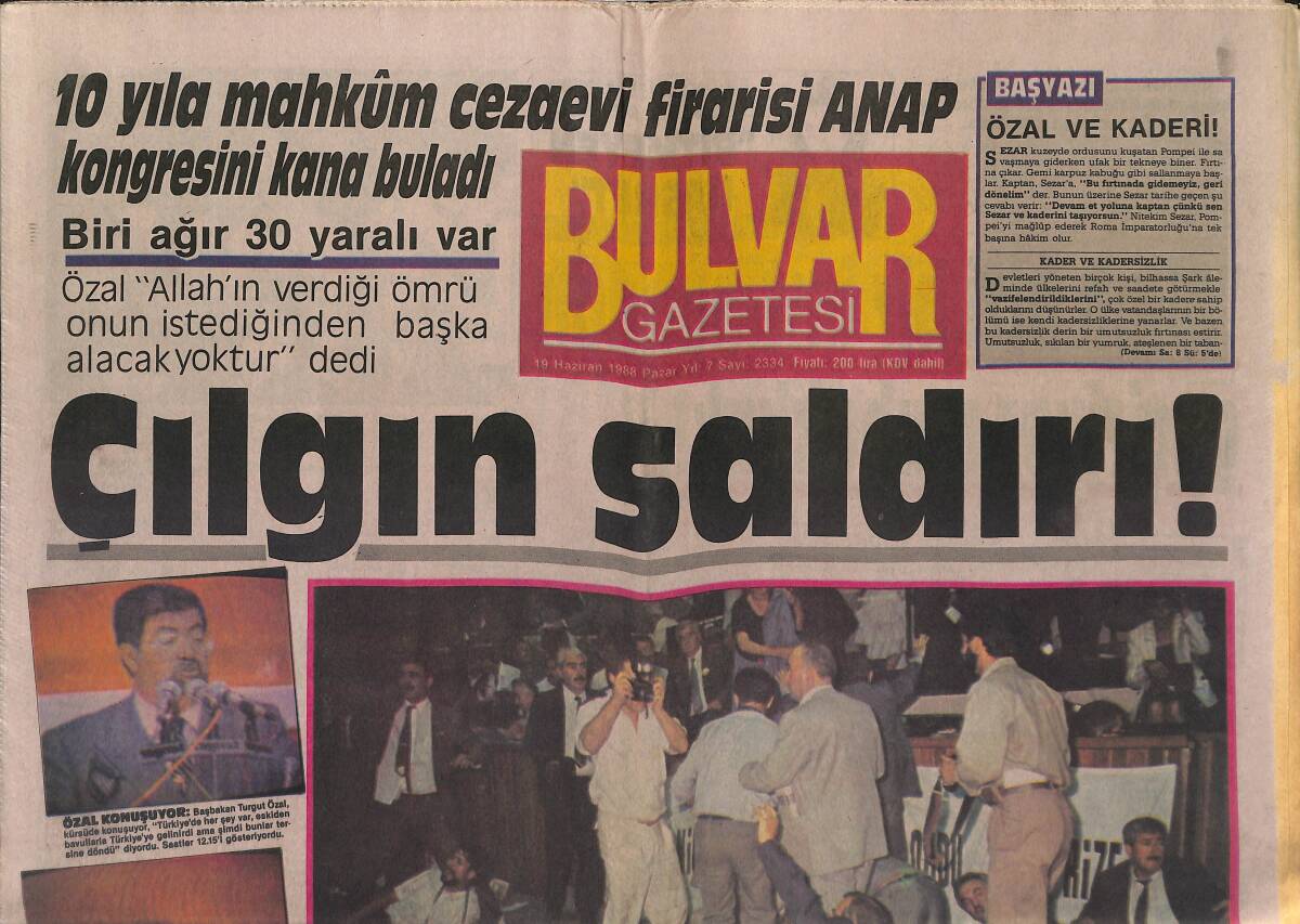 Bulvar Gazetesi 19 Haziran 1988 - 10 Yıla Mahkûm Cezaevi Firarisi ANAP Kongresini Kana Buladı GZ153191 - 1