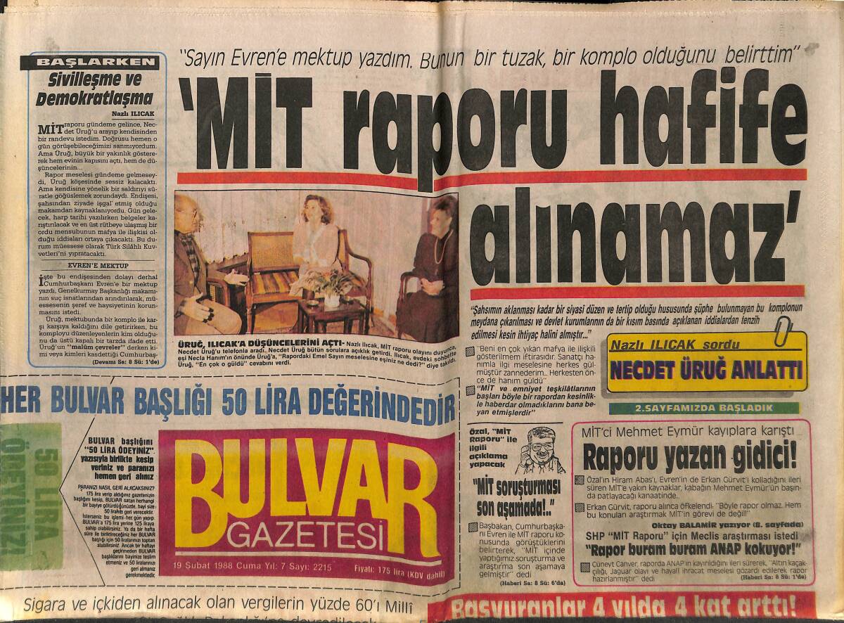 Bulvar Gazetesi 19 Şubat 1988 - Reagan'dan Dış Yardıma Tırpan - Sıtma Aşısını Bir Türk Buldu GZ153209 - 1