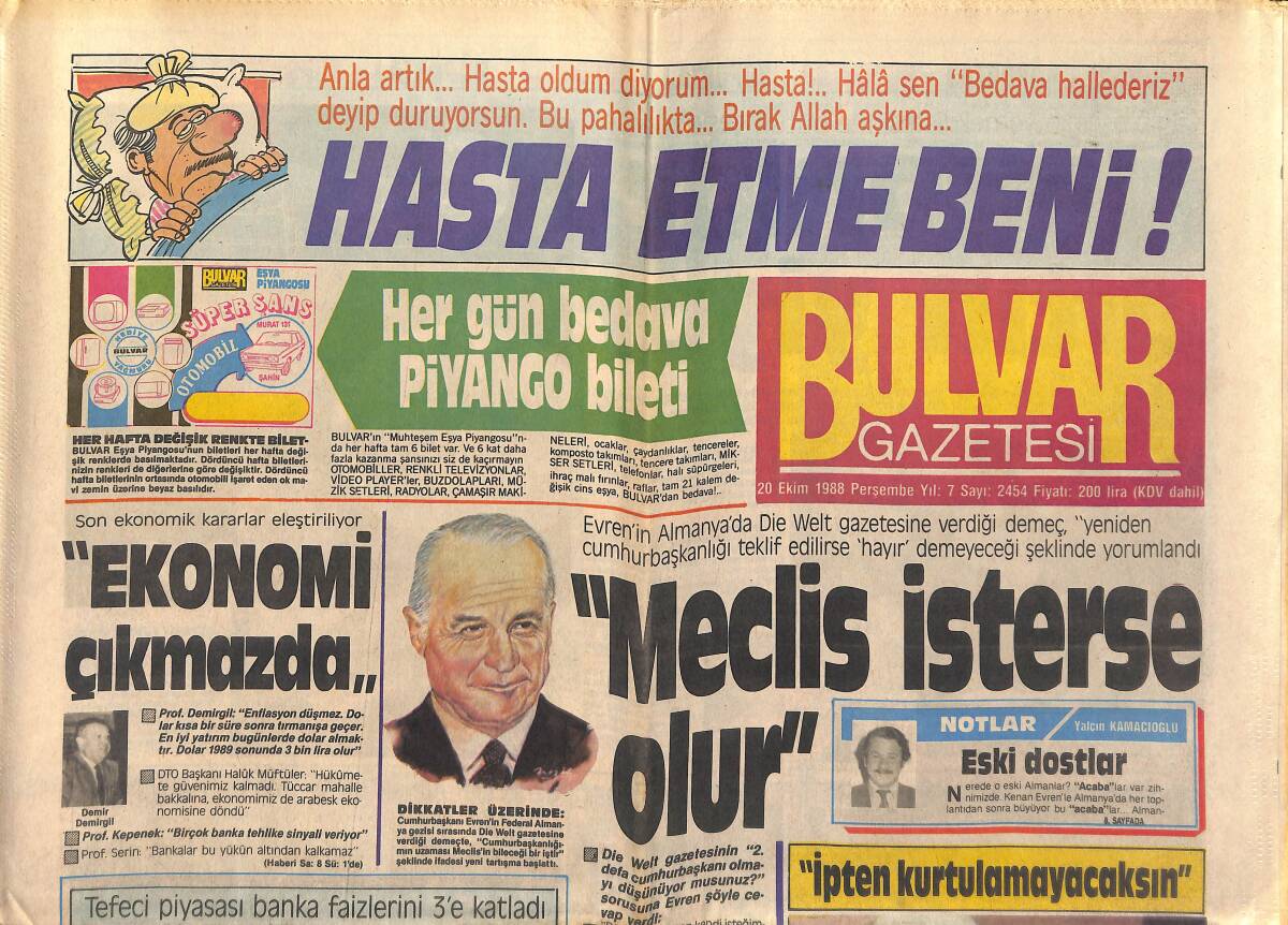 Bulvar Gazetesi 20 Ekim 1988 - Turgut Özal , İlk Altın Plaklı Başbakan GZ153183 - 1
