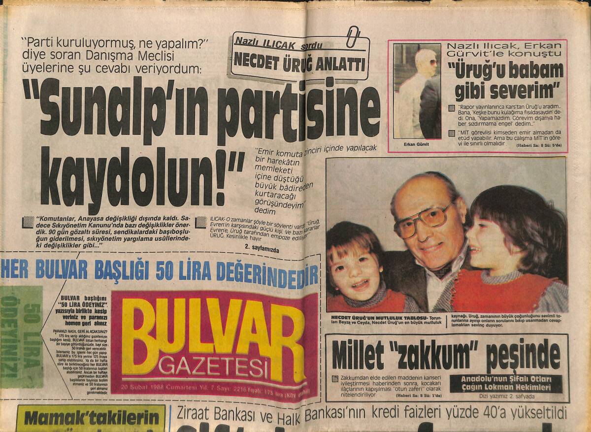 Bulvar Gazetesi 20 Şubat 1988 - Çiftçi , Esnaf Yandı - Askeri Cezaevleri Sivilleştiriliyor GZ153208 - 1