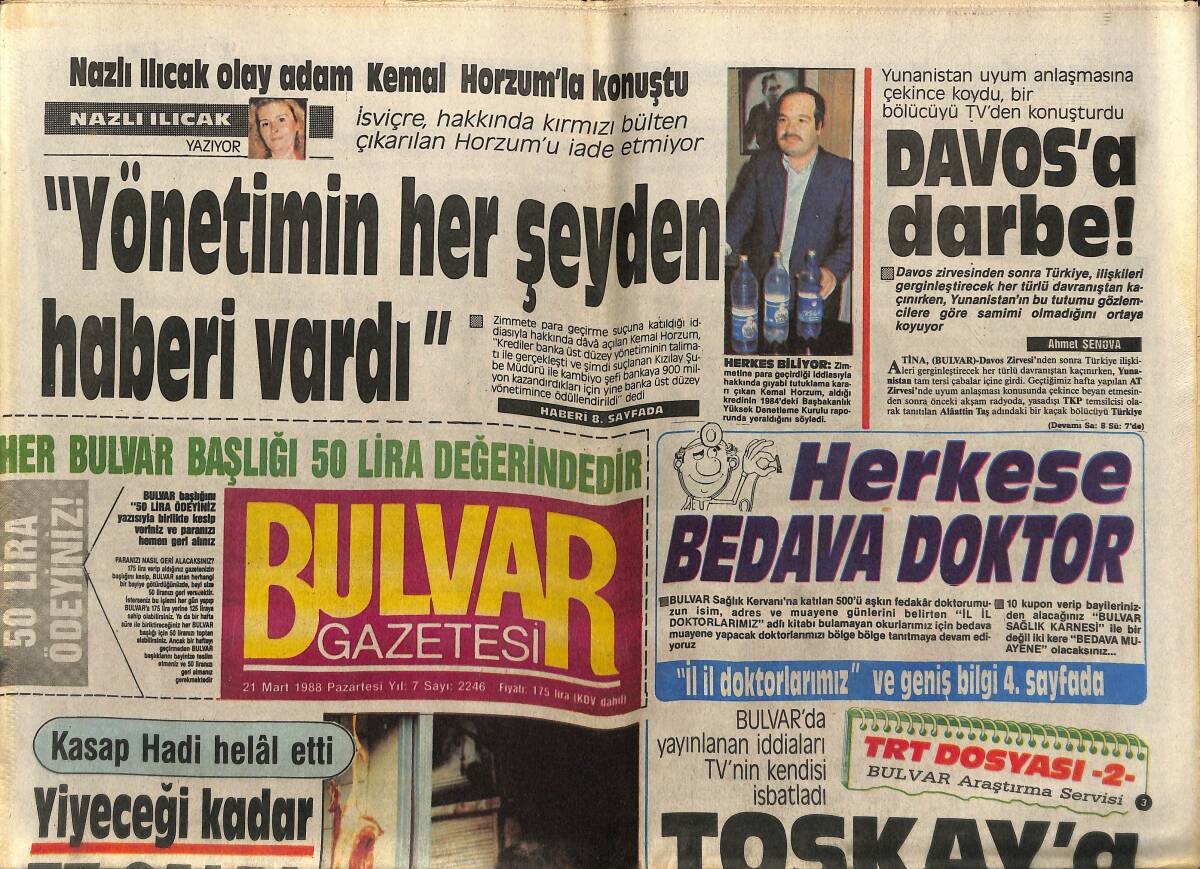 Bulvar Gazetesi 21 Mart 1988 - Davos'a Darbe - Beşiktaş Çöplük Oldu GZ153205 - 1