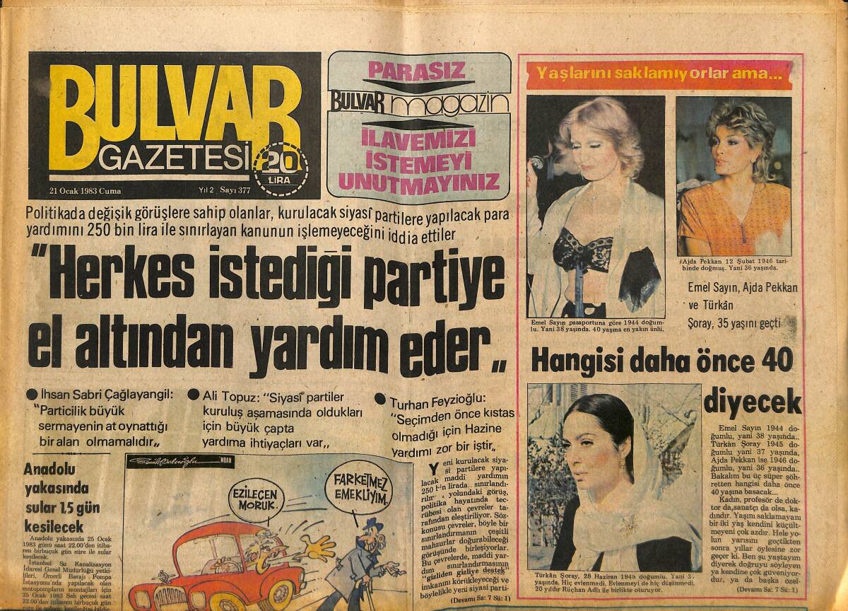 Bulvar Gazetesi 21 Ocak 1983 - Emel Sayın , Ajda Pekkan Ve Türkân Şoray 35 Yaşını Geçti GZ150736 - 1