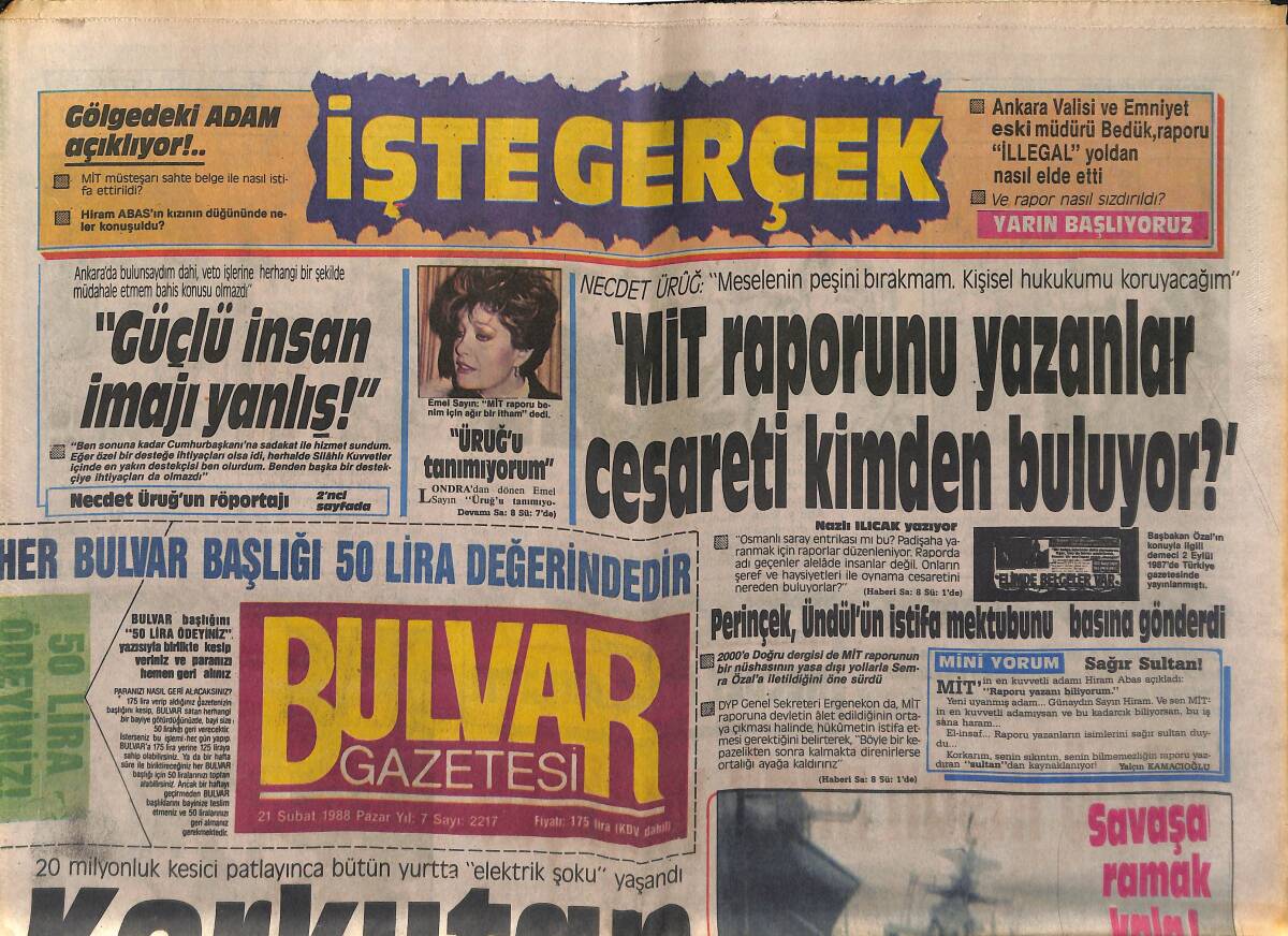 Bulvar Gazetesi 21 Şubat 1988 - Nükhet Duru'yu Elektrik Çarptı - Savaşa Ramak Kaldı GZ153169 - 1
