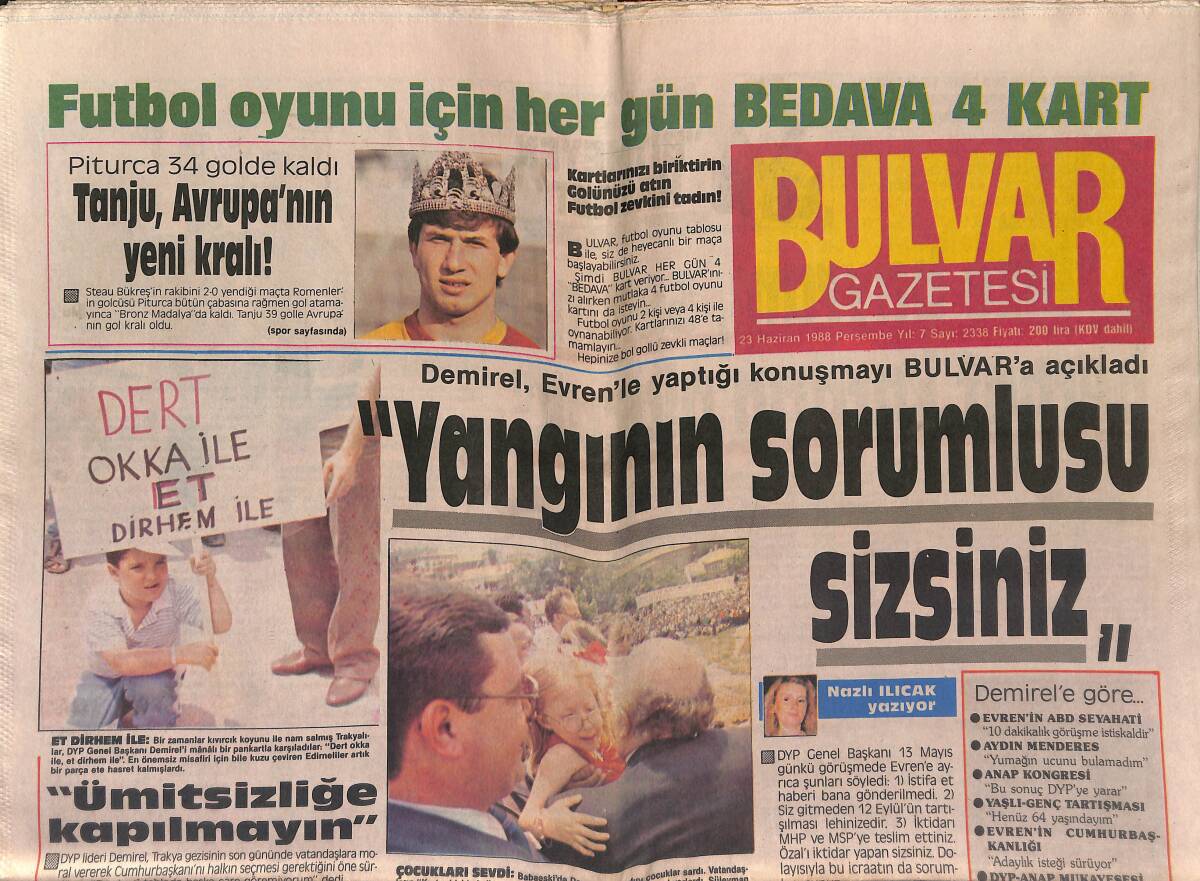 Bulvar Gazetesi 23 Haziran 1988 - Tanju, Avrupa'nın Yeni Kralı - Esra Sümer Milli Manken - Türkan Şoray Sultana Çifte Ödül GZ149377 - 1