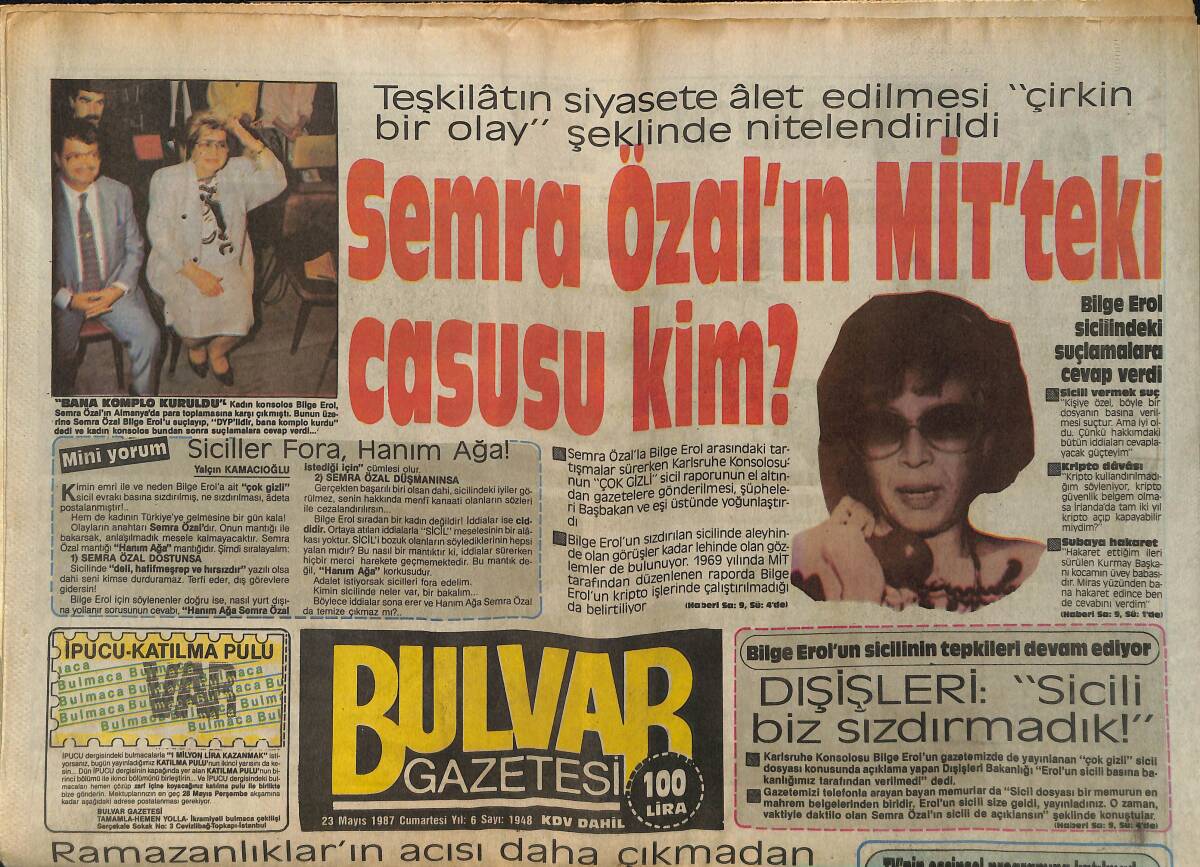 Bulvar Gazetesi 23 Mayıs 1987 - Bülent Ersoy ''Ben Eşcinsel Değil Gerçek Bir Kadınım'' GZ159277 - 1