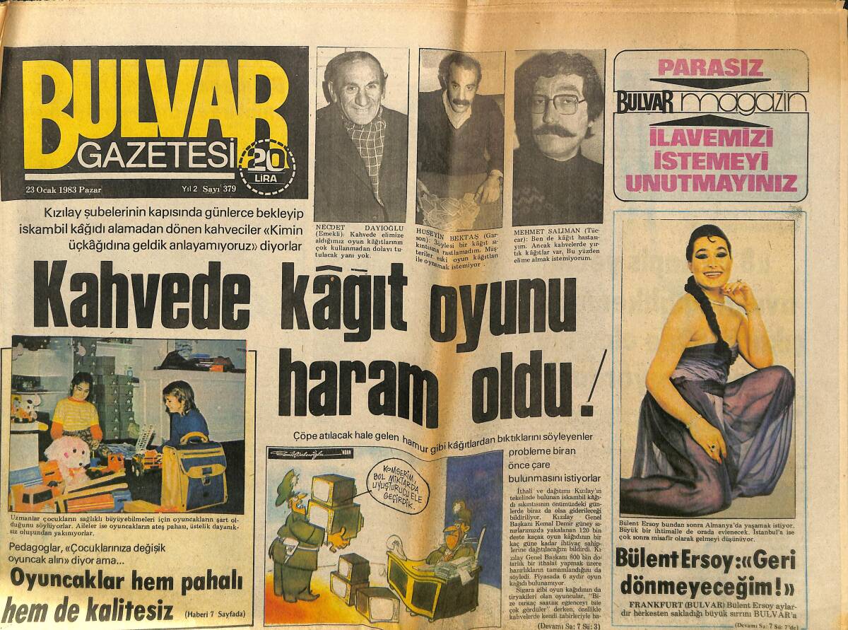 Bulvar Gazetesi 23 Ocak 1983 - Bülent Ersoy : '' Geri Dönmeyeceğim ! '' - Lane Ballou Hamile !.. GZ150743 - 1