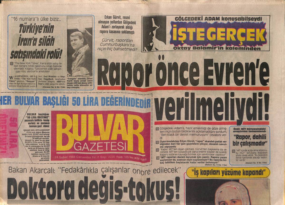 Bulvar Gazetesi 24 Şubat 1988 - Rapor Önce Evren'e Verilmeliydi ! - Zakkum'a İngiliz Desteği GZ153170 - 1