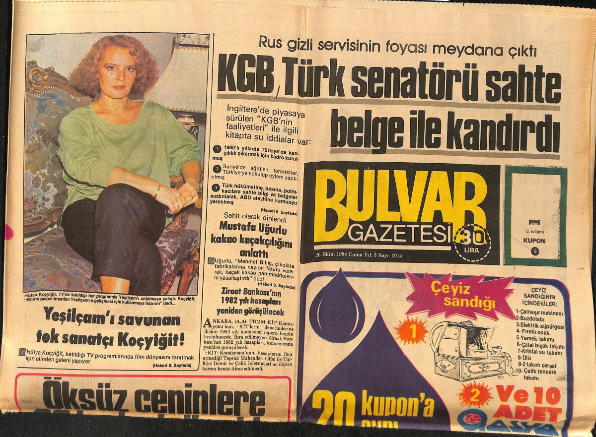 Bulvar Gazetesi 26 Ekim 1984 - Nil Burak , TRT'cilere Kök Söktürdü - Yeşilçam'ı Savunan Tek Sanatçı Koçyiğit ! GZ159379 - 1