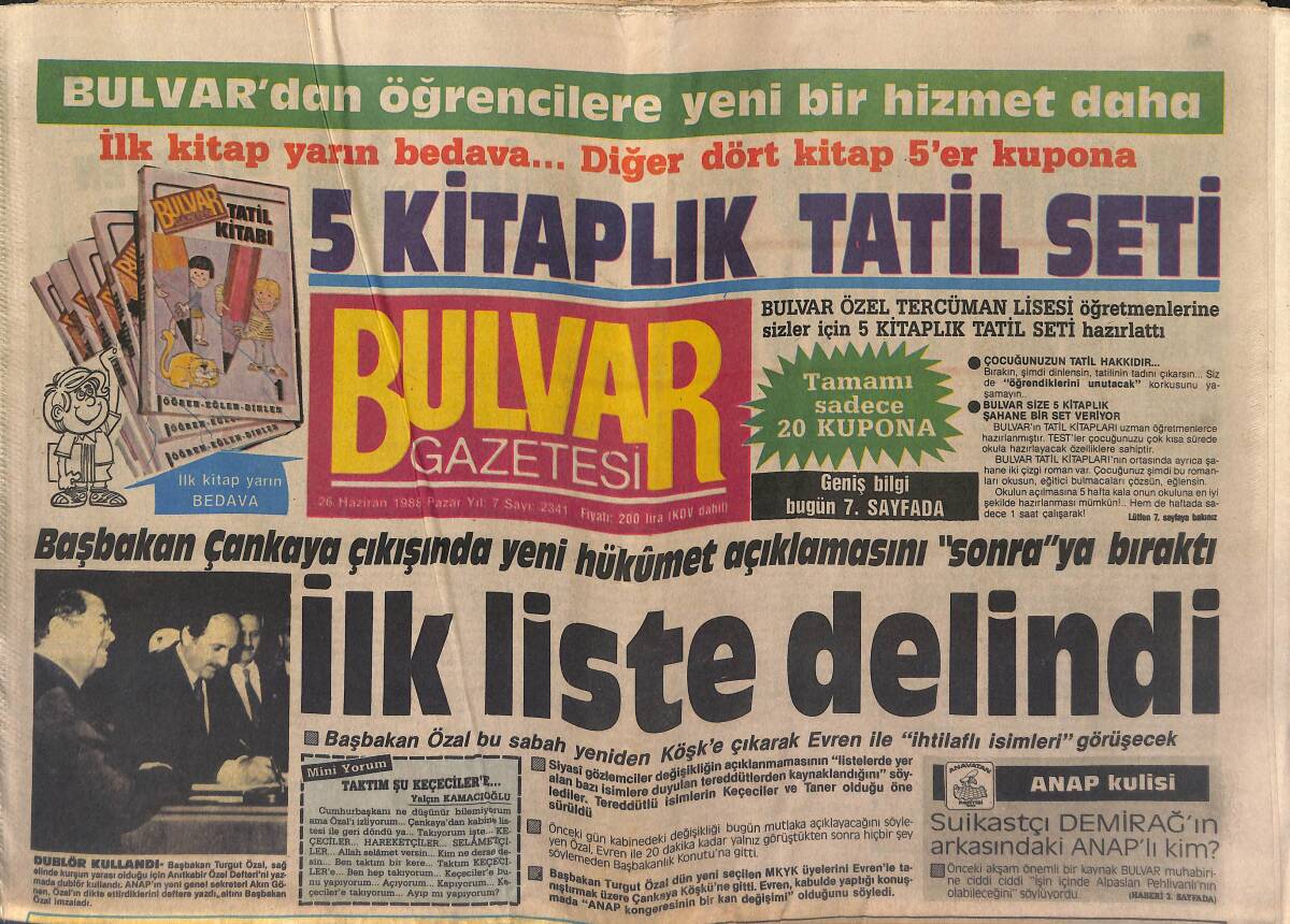 Bulvar Gazetesi 26 Haziran 1988 - Michael Jackson İtiraf Etti - İnönü CHP'lileri Yuvaya Çağırdı GZ153284 - 1