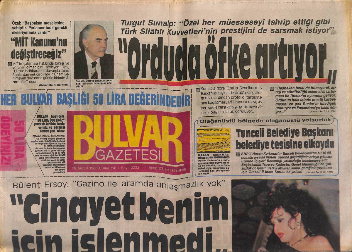 Bulvar Gazetesi 26 Şubat 1988 - Bülent Ersoy '' Beni Yanlış Tanıtmaya Çalışıyorlar '' - Naim Süleymanoğlu , Seul Yolunda GZ153167 - 1
