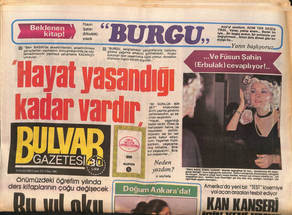Bulvar Gazetesi 28 Eylül 1984 - Türkân Şoray'a Doktor Tavsiyesi : Sessizlik - Adnan Şenses'in Evliliği 13 Ay Sürdü GZ159364 - 1