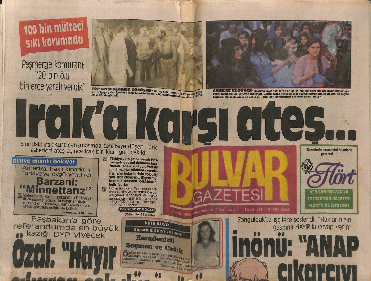 Bulvar Gazetesi 3 Eylül 1988 - Papandreu , Türk Doktordan Caydı - Irak'a Karşı Ateş GZ153206 - 1