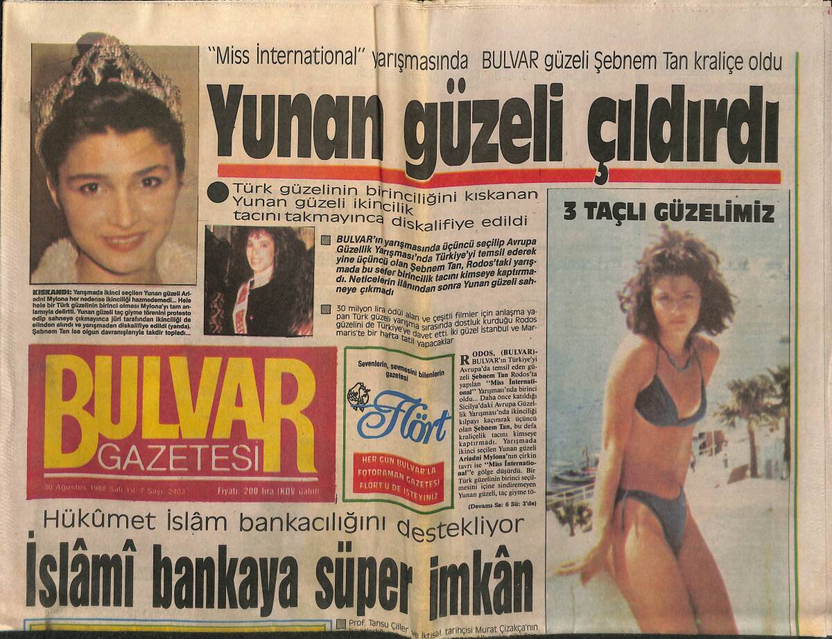 Bulvar Gazetesi 30 Ağustos 1988 - İslami Bankaya Süper İmkân - Bülent Ersoy'un Muhteşem Gecesi GZ150747 - 1
