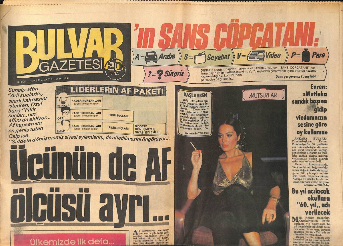 Bulvar Gazetesi 30 Ekim 1983 - Türkan Şoray İnsanlara Güvenini Kaybetti - Yıldızlar Ve Seçim Toto *Seyyal Taner-Belkıs Akkale GZ159232 - 1