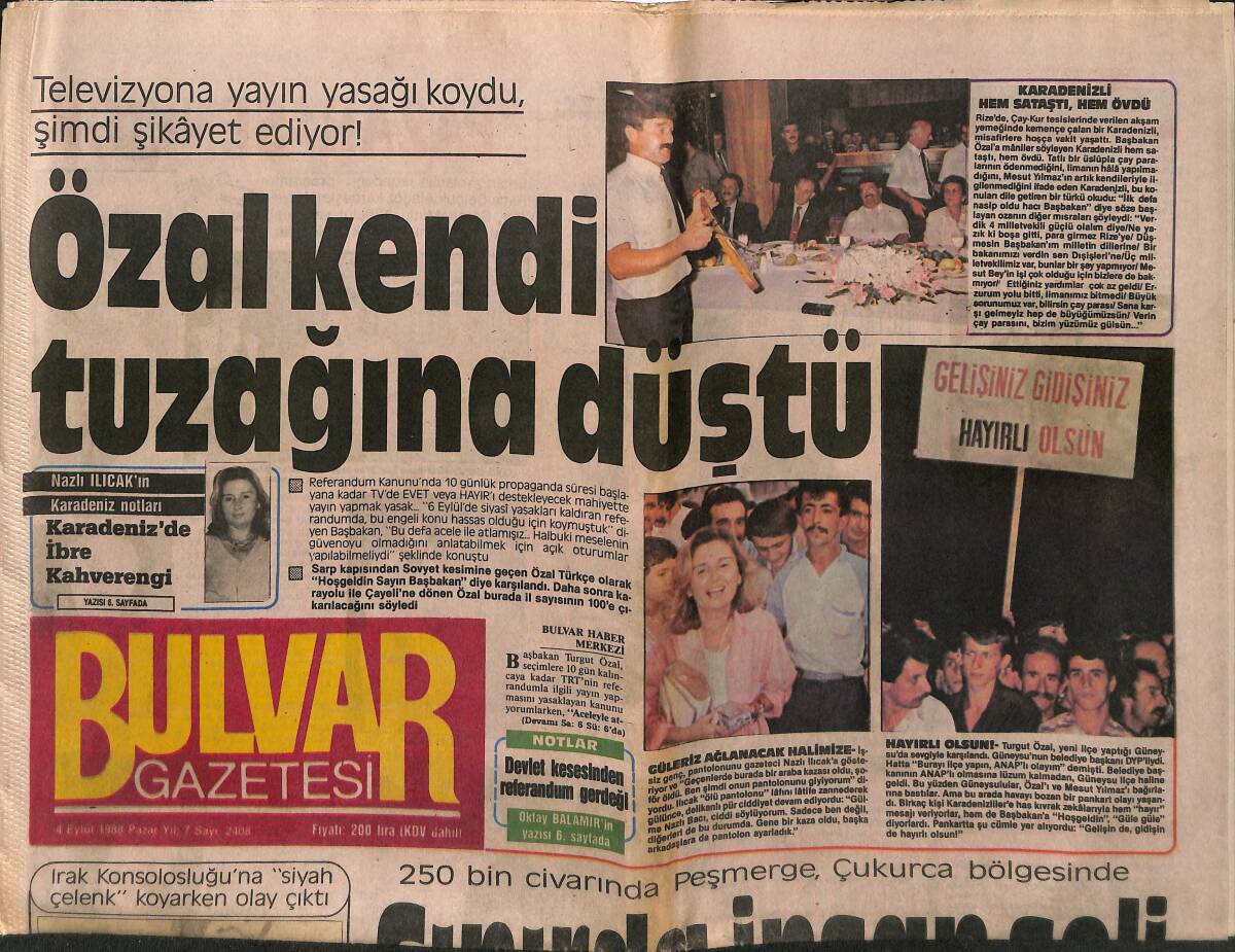 Bulvar Gazetesi 4 Eylül 1988 - SHP'lilere Polis Dayağı - Özal Kendi Tuzağına Düştü GZ149491 - 1