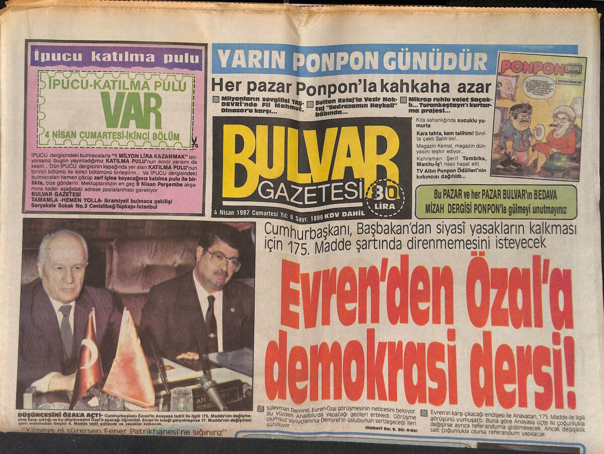 Bulvar Gazetesi 4 Nisan 1987 - Fatma Girik 20 Milyonluk Kürklerini TV Dizisinin Tanıtım Filmi İçin Mankenlere Kendi Giydirdi GZ159310 - 1