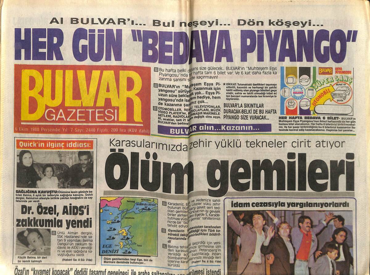 Bulvar Gazetesi 6 Ekim 1988 - Dr. Özel , AİDS'i Zakkumla Yendi - Tüpraş'ta Yangın GZ153211 - 1