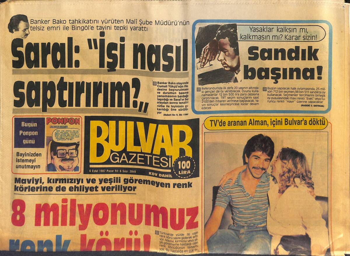 Bulvar Gazetesi 6 Eylül 1987 - Tatlıses'in 6 Aya Kadar Hapsi İsteniyor - Şanslı Okuru Neriman Belirledi GZ153277 - 1