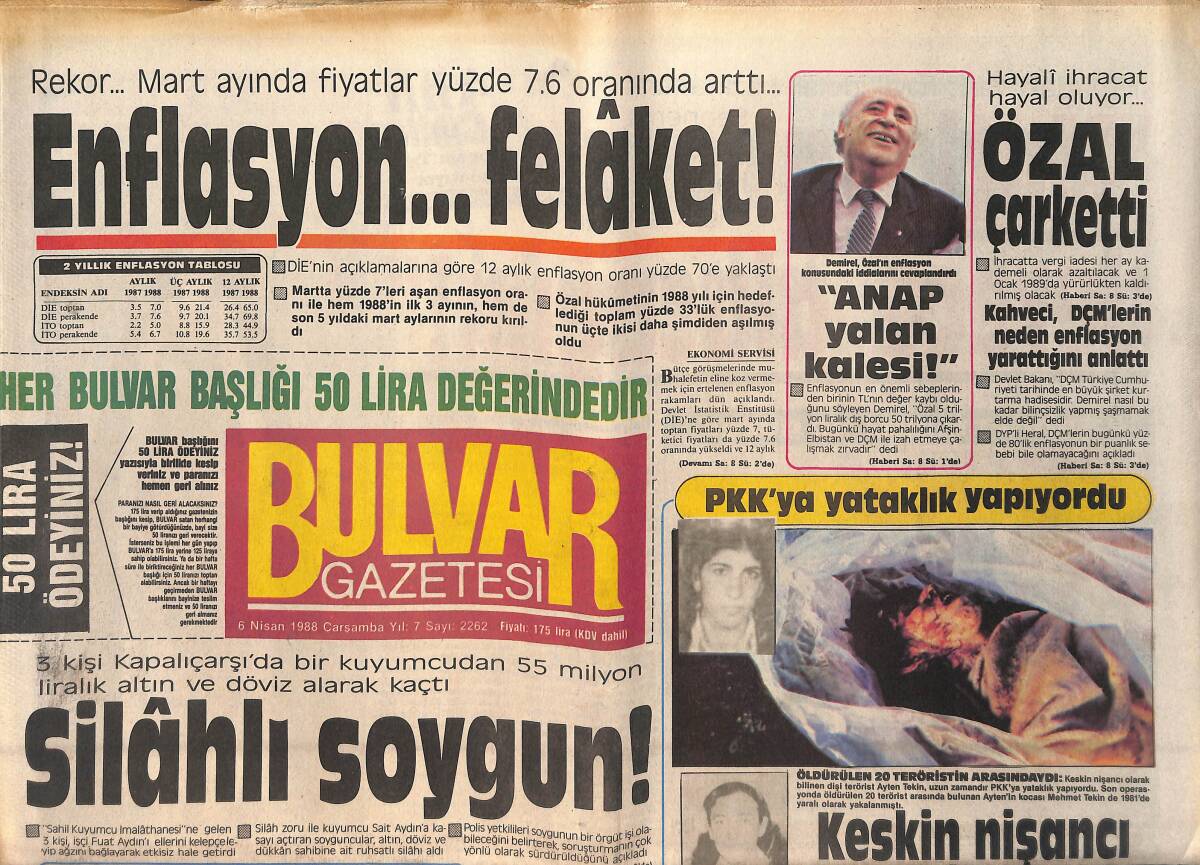 Bulvar Gazetesi 6 Nisan 1988 - Bir Kuveyt Uçağı İran'a Kaçırıldı - Enflasyon Felâket ! GZ159241 - 1