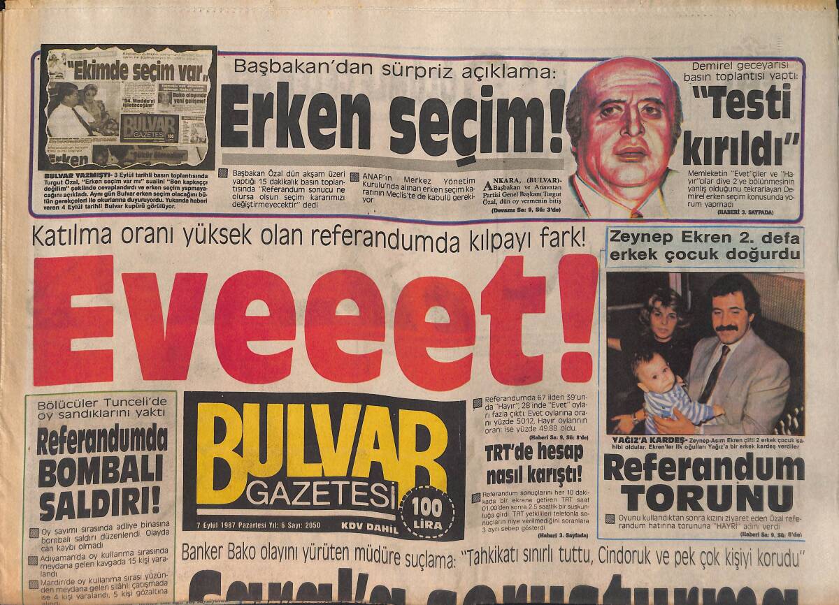 Bulvar Gazetesi 7 Eylül 1987 - Oya Aydoğan Sörfü , Deniz Yatağı Yaptı - Rambo'dan Süper Nisbet ! GZ159210 - 1