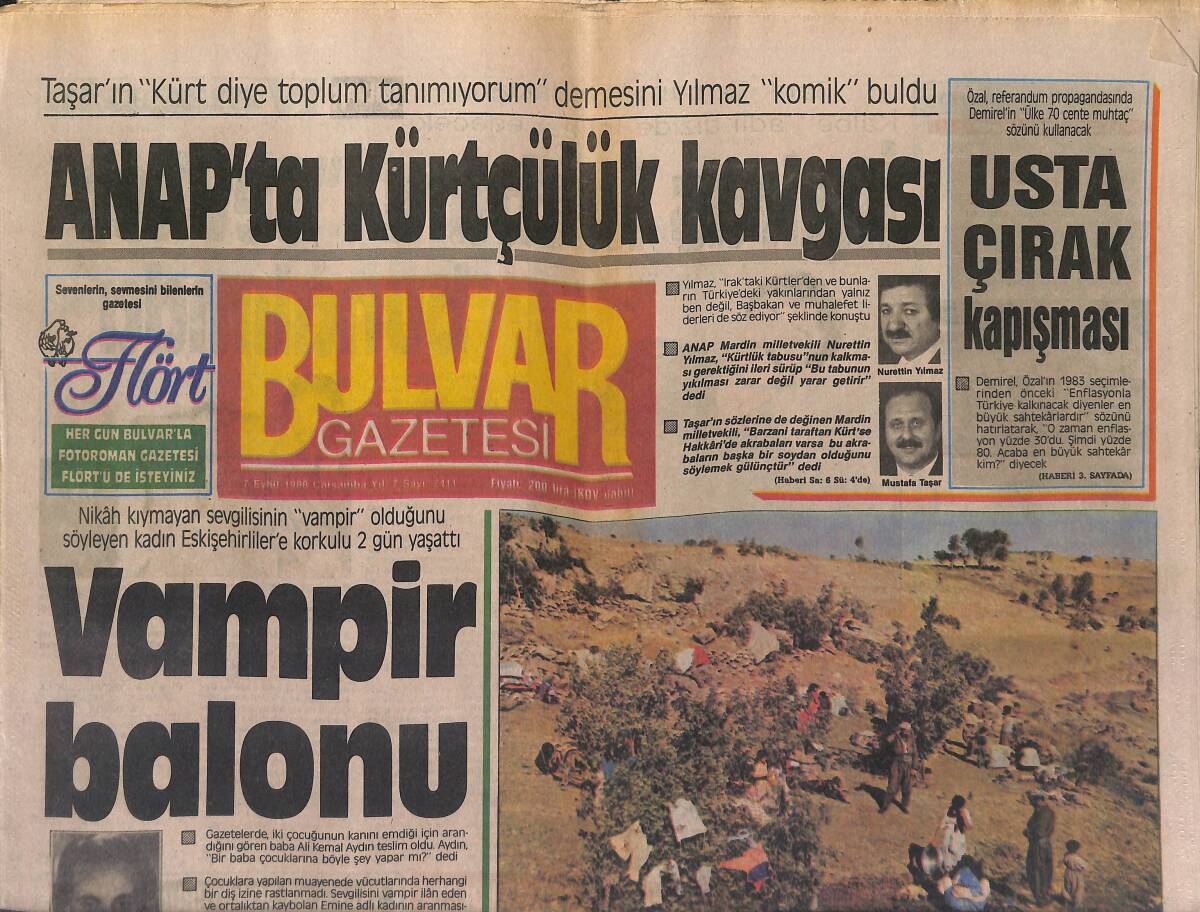 Bulvar Gazetesi 7 Eylül 1988 - ANAP'ta Kürtçülük Kavgası - Barzani İran'da GZ153285 - 1