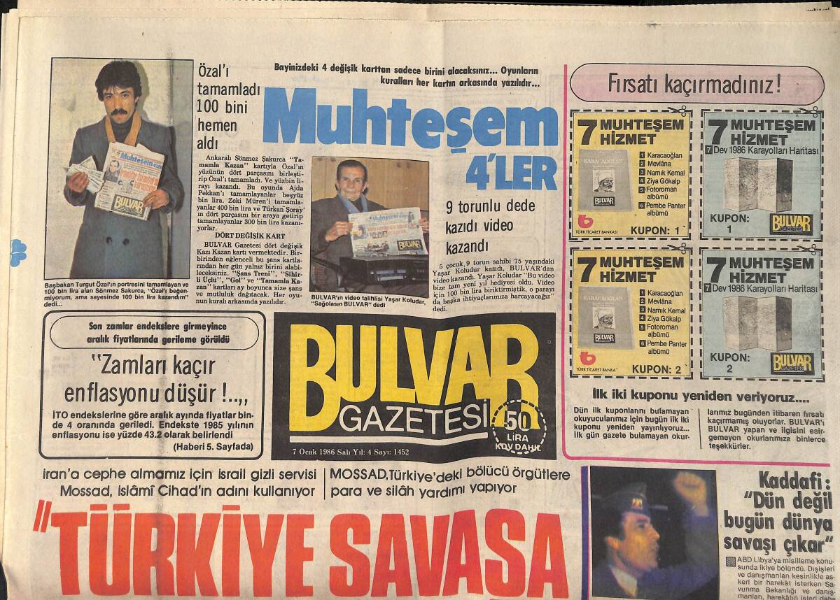 Bulvar Gazetesi 7 Ocak 1986 - Serpil Çakmaklı Fena Üşüttü ! - Ediz Hun : Sevinçliyim GZ159257 - 1